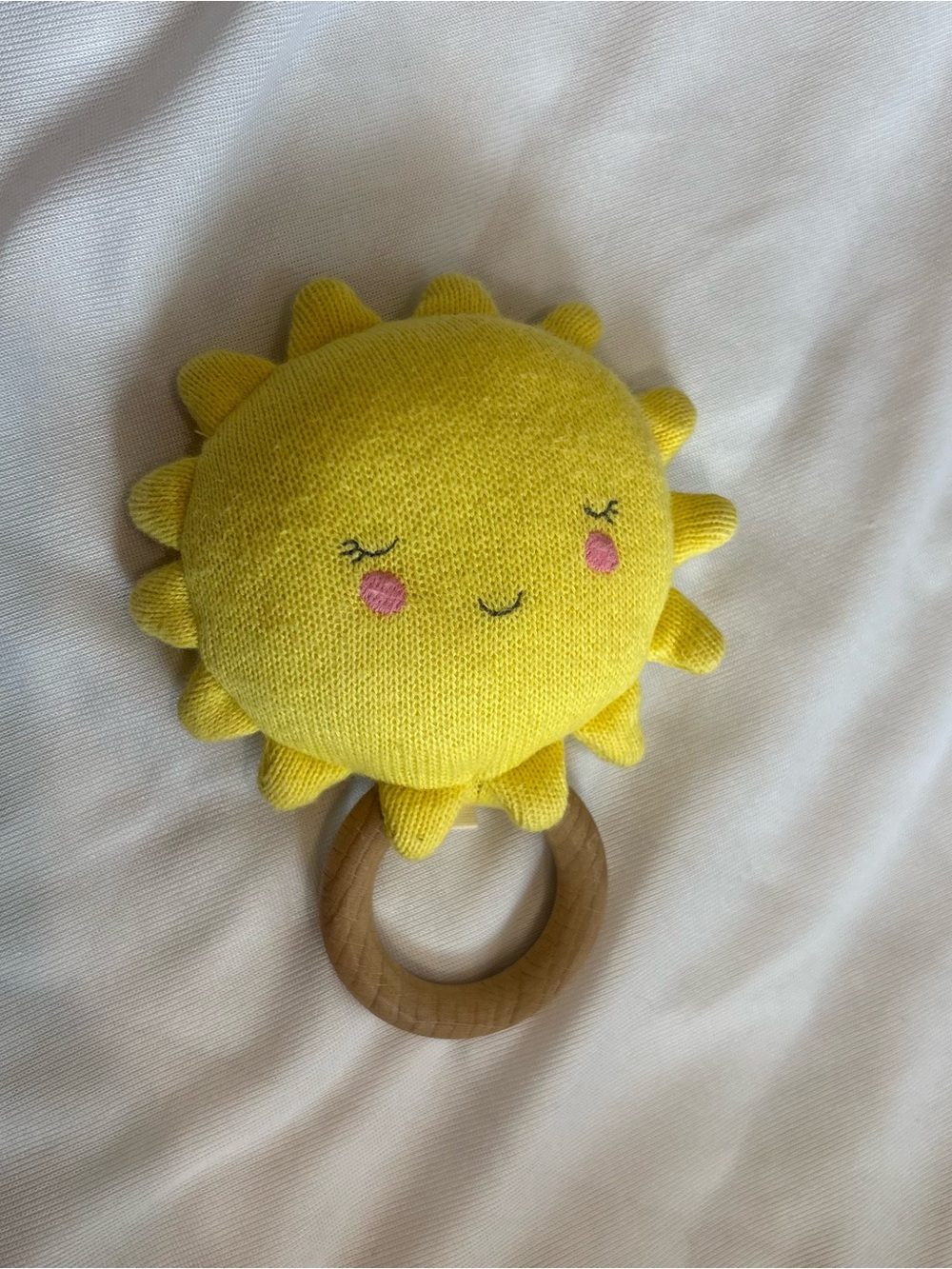 Mari Mari Yellow Sun Knitted Baby Rattle with Wooden Ring